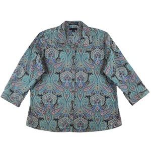 Lands End Womens Paisley Blue Multicolor  Print Non Iron 3/4 Sleeve Shirt Sz 16